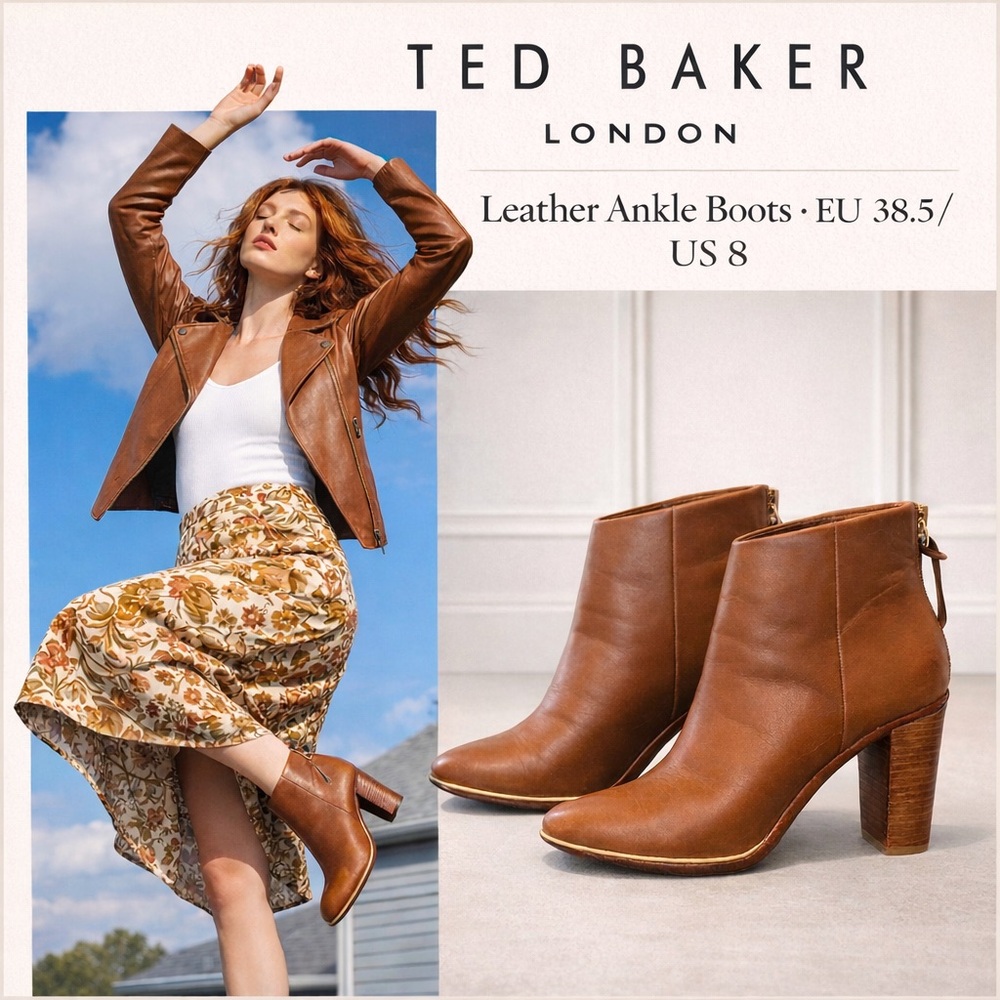 Ted Baker London Leather Ankle Boots EU 38.5 US 8 Brown Block Heel Zip Booties